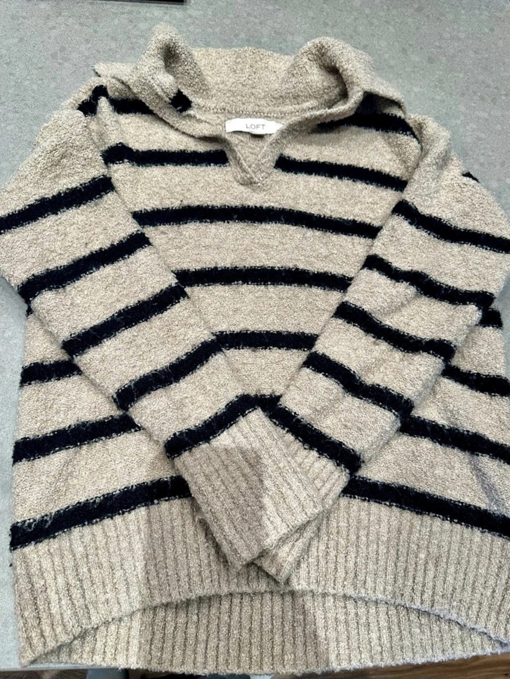 LOFT Striped V-Neck Sweater in Beige & Black Size XS Like New